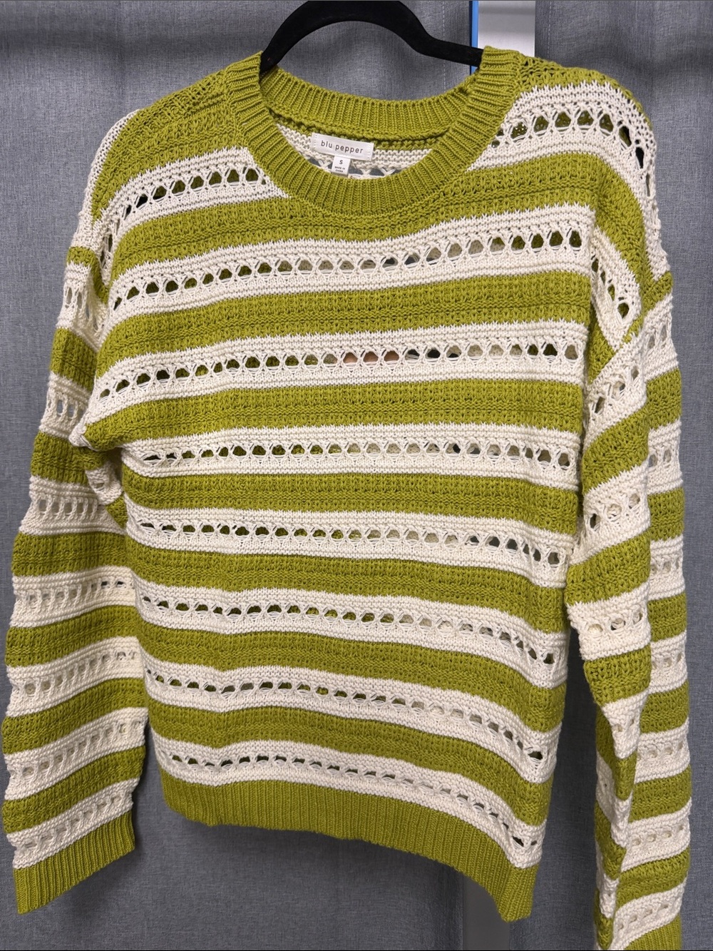 Blu Pepper Olive & Cream Striped Open-Knit Crew Sweater
